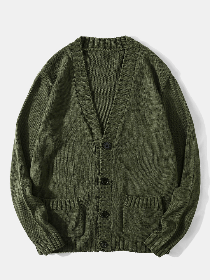 Men Vintage Knit Button V-Neck Double Pockets Casual Cardigans - MRSLM