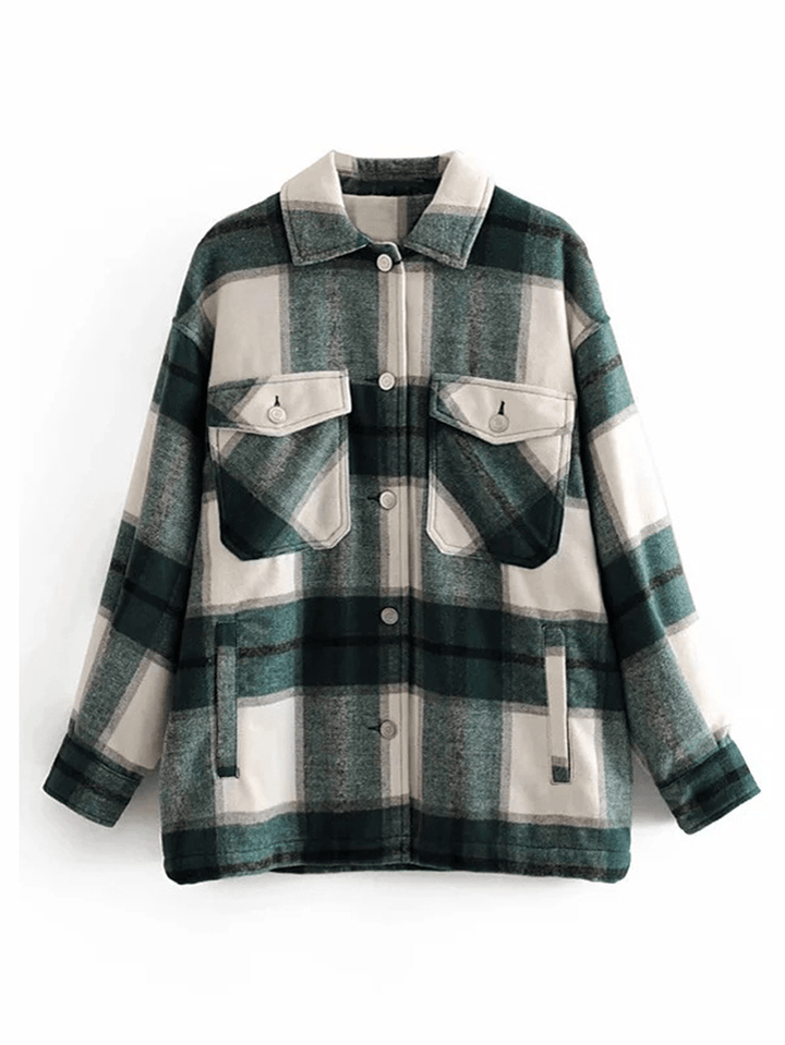 Women Plaid Button Front Lapel Long Sleeve Casual Coats with Multi Pocket - MRSLM