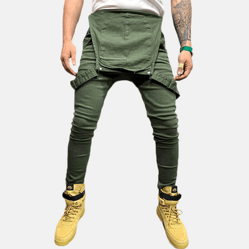 Men Solid Color Big Pocket Retro Denim Pants Jumpsuit - MRSLM