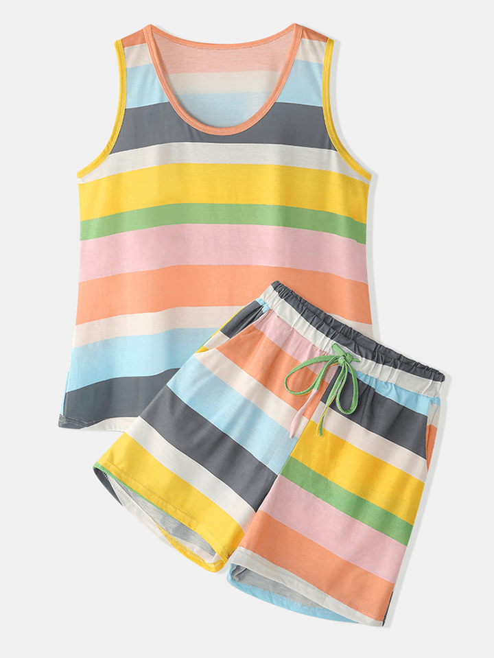 Plus Size Women Colorful Striped Sleeveless Tank Tops Pocket Shorts Comfy Pajama Set - MRSLM