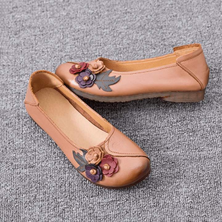 Women Vintage Floral round Toe Genuine Leather Soft Sole Slip on Comfy Flats - MRSLM
