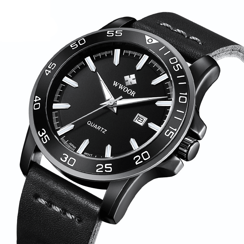 WWOOR 8834 Date Display Casual Style 5ATM Waterproof Men Watch Leather Band Quartz Watch - MRSLM