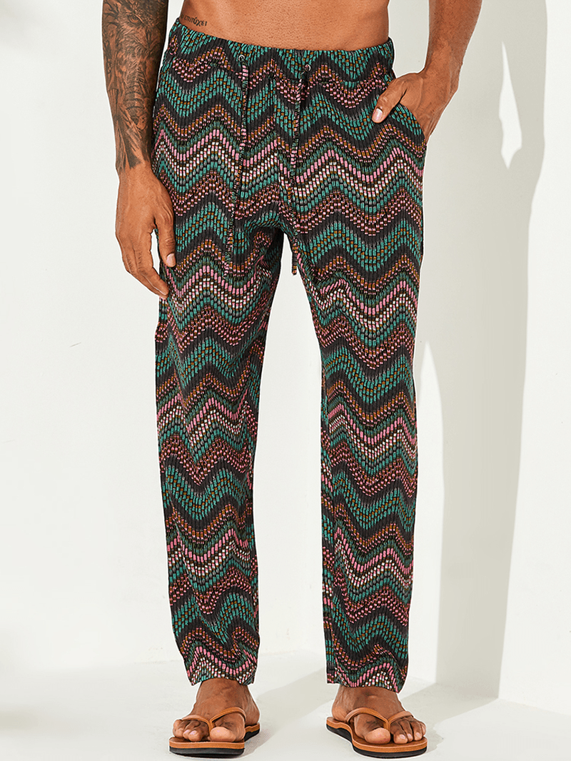 Mens Wave Stripe Printing Loose Hawaiian Pants - MRSLM