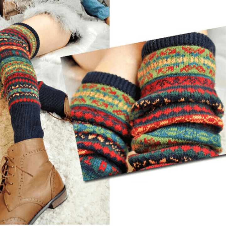 Women Wool plus Thicken Keep Warm Stripe Pattern Winter Boots Cover Leggings Socks Stockings - MRSLM