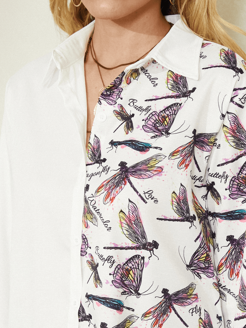 Dragonfly Print Long Sleeve Lapel White Button Shirt for Women - MRSLM