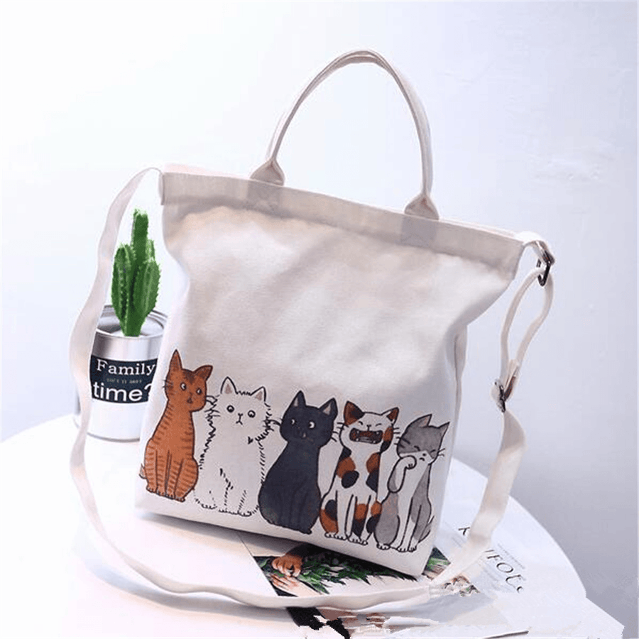 Women Cartoon Cats Printed Canvas Tote Shopping Handbag Beach Purse Shoulder Bag - MRSLM