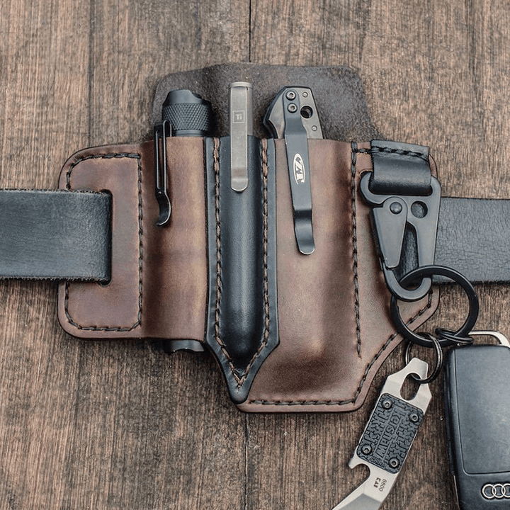 Men EDC Genuine Leather Multitool Flashlight Key Pen Organizer Gear Waist Belt Bag - MRSLM