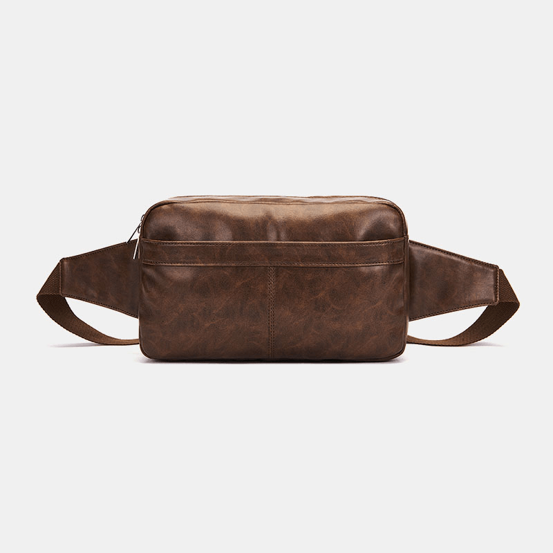 Men Solid Color Multi-Pocket Large Capacity Waist Bag Soft Leather Chest Bag Crossbody Bag - MRSLM