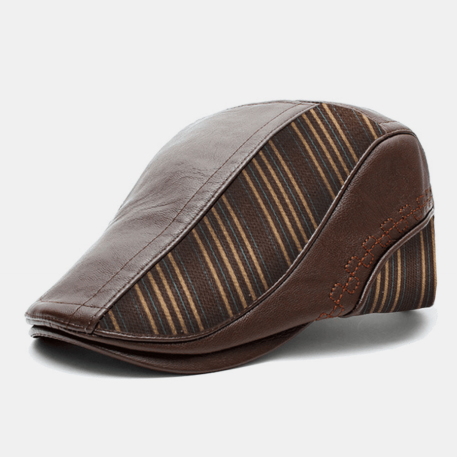 Men PU Leather Knit Stitching Stripe Pattern Berets Retro Adjustable Warm Forward Cap Peaked Cap - MRSLM