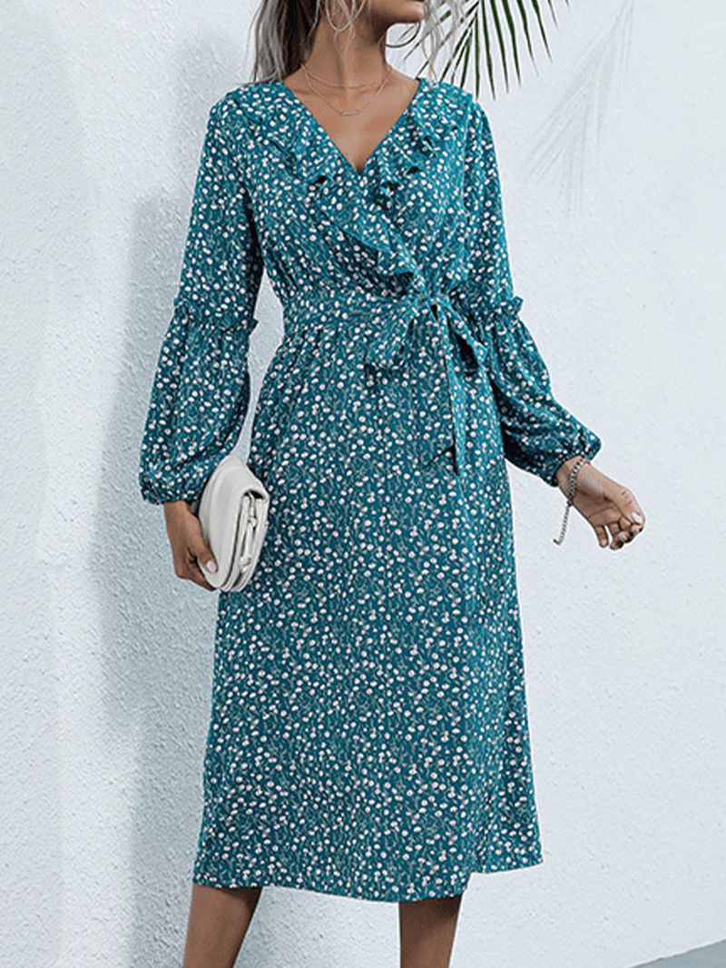 Women Floral Print Ruffle Trims V-Neck Long Sleeve Casual Midi Dress - MRSLM