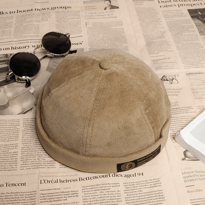 Mens Corduroy Adjustable Solid French Brimless Hat Retro Skullcap Sailor Cap - MRSLM