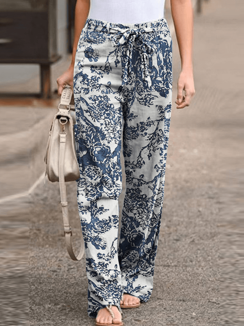 Women Leisure Cotton Contrast Color Elastic Waist Straight Pants with Side Pockets - MRSLM