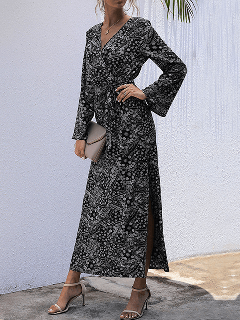 Women Ethnic Style Print Long Sleeve Side Split Casual Maxi Dresses - MRSLM