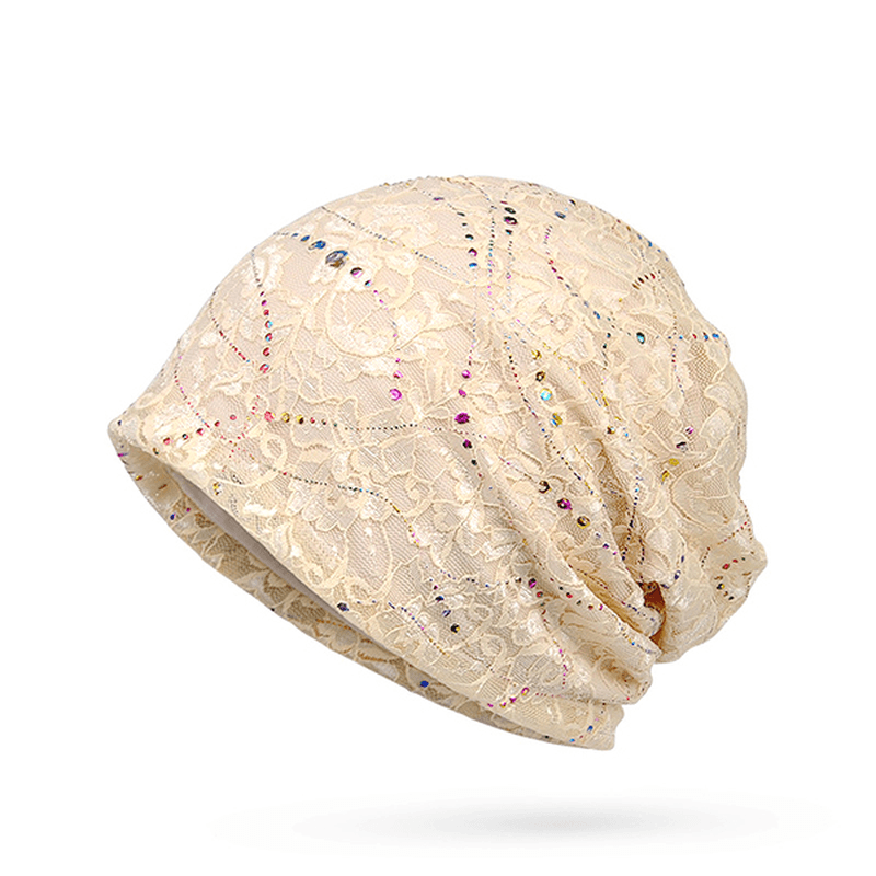 Women Rhinestone Striped Cotton Beanie Hat Casual Flexible Autumn Warm Skullies Cap - MRSLM