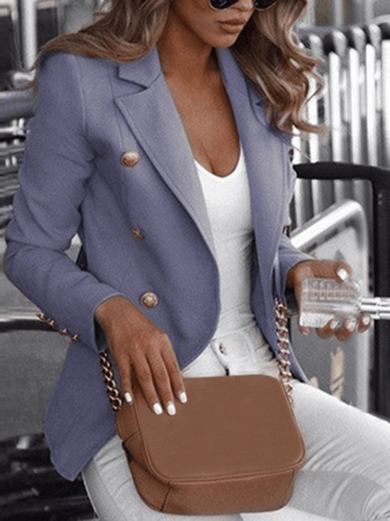 Women Solid Color Double Breasted Turnover Collar Elegant Blazers - MRSLM
