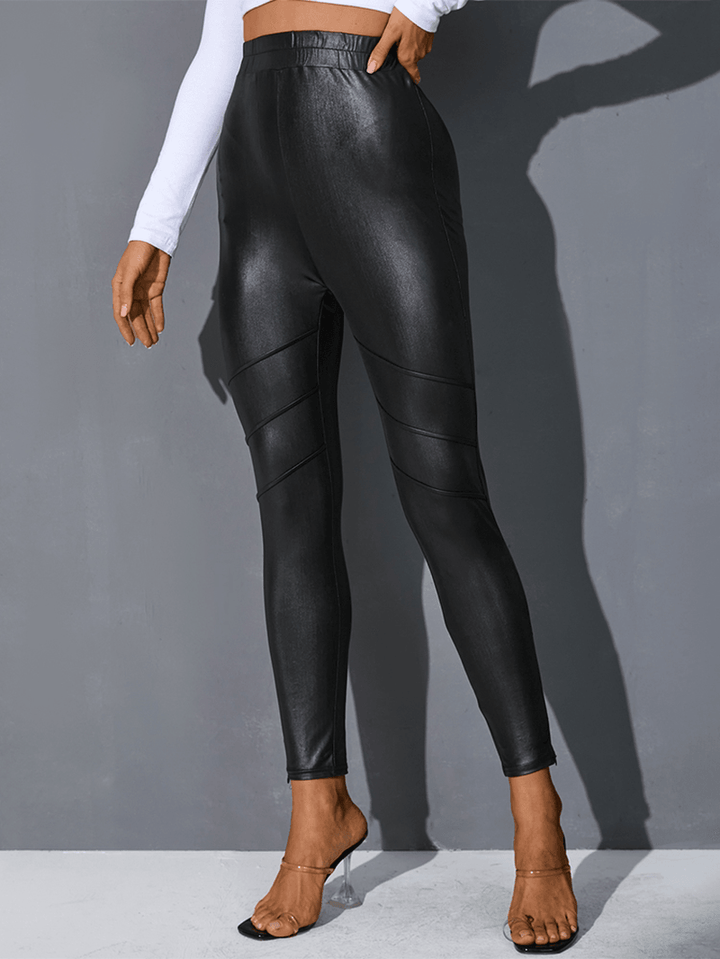 Women Solid Color PU Leather Bodycon Stylish Casual Leggings - MRSLM