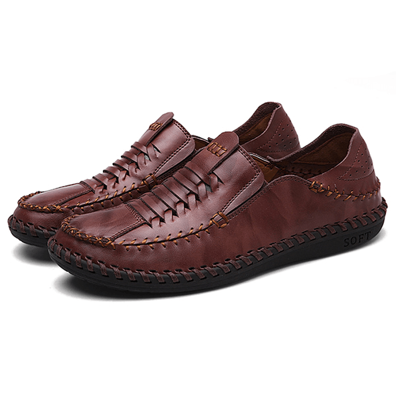 Men Genuine Leather Hand Stitching Woven Style Oxfords Shoes - MRSLM