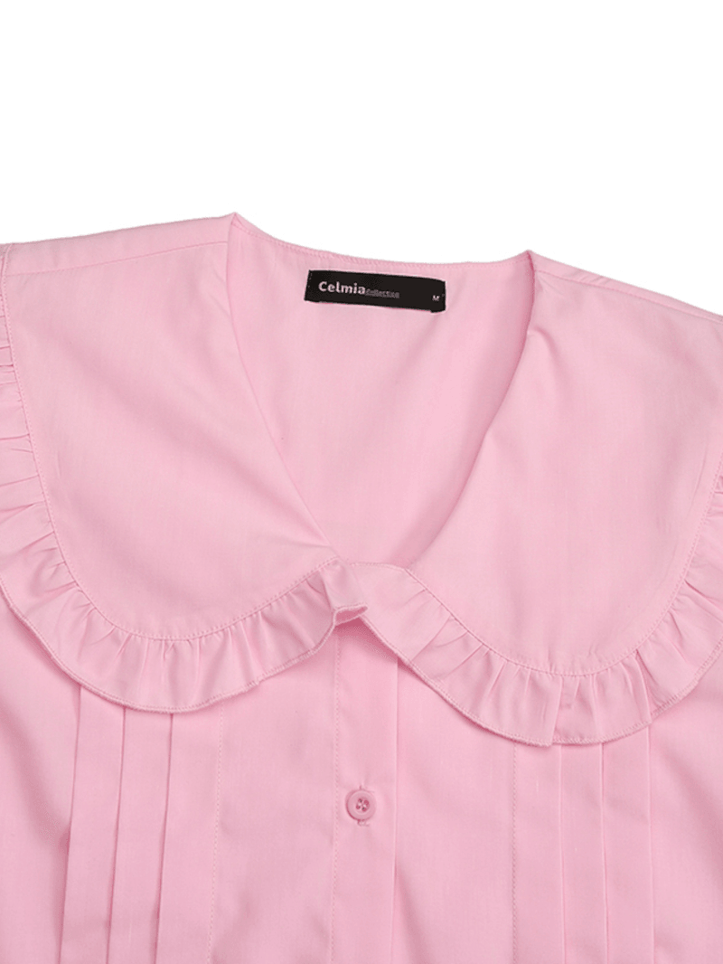 Ruffle Neck Fold Pleats Solid Casual Long Sleeve Shirts for Women - MRSLM