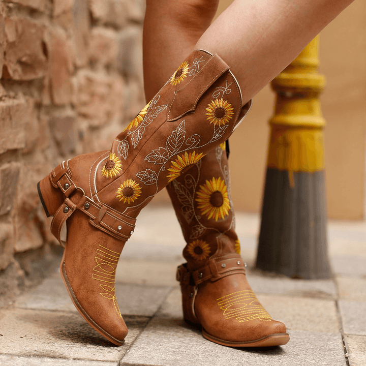 Women Retro Sunflowers Pattern Pointed Toe Chunky Heel Harness Cowboy Boots - MRSLM