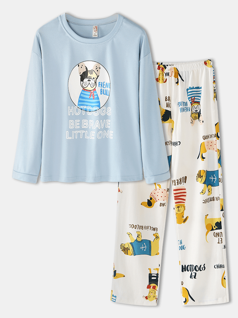 Women Cartoon Animal & Letter Print Pullover Elastic Waist Loose Pants Home Pajama Set - MRSLM
