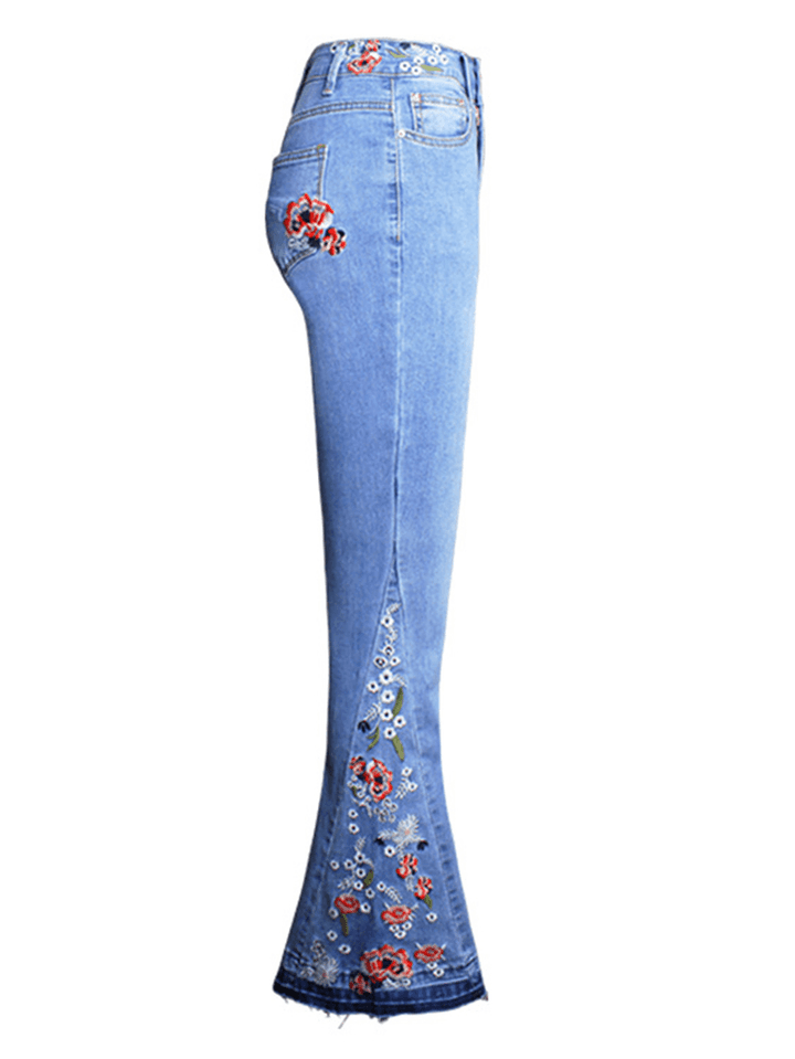 Floral Embroidered High Waist Denim Flared Pants - MRSLM