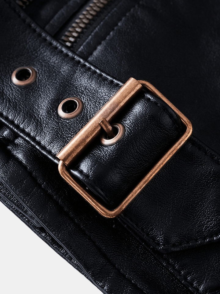 Mens Pocket Lapel Zip-Up Sashes PU Leather Jackets - MRSLM