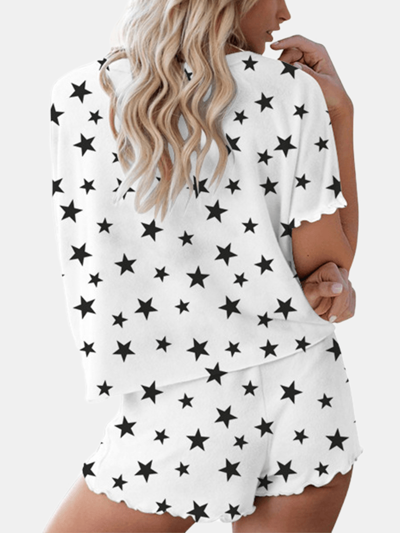 Summer Women Stars Print Softies Loose Drawstring Short Sleeve Pajama Set - MRSLM
