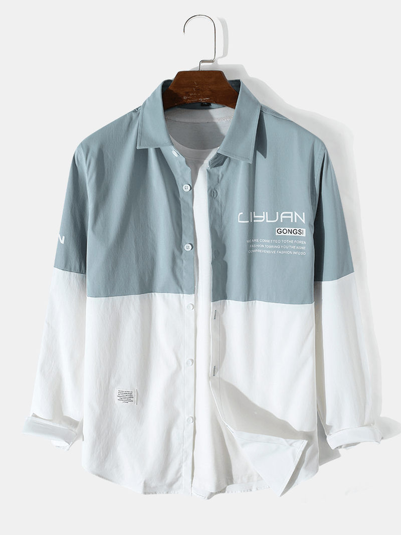 Mens Daily Artsy Letter Button Splicing Color Block Shirt - MRSLM