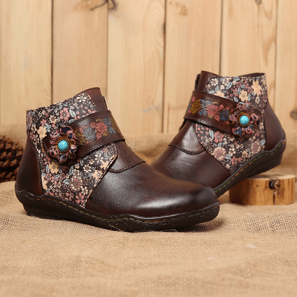 Retro Small Flowers Colorful Stitching Soft Leather Boots - MRSLM