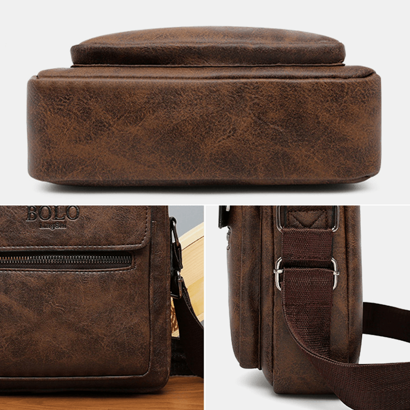 Men Texture Zipper Decor Crossbody Bag PU Leather Vintage Multi-Pocket Shoulder Bag Handbag - MRSLM