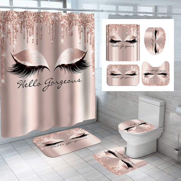 Girly Rose Gold Eyelash Makeuo Shower Curtain Bath Curtain Set Spark Rose Drip Bathroom Curtain Eye Lash Beauty Salon Mat Set - MRSLM