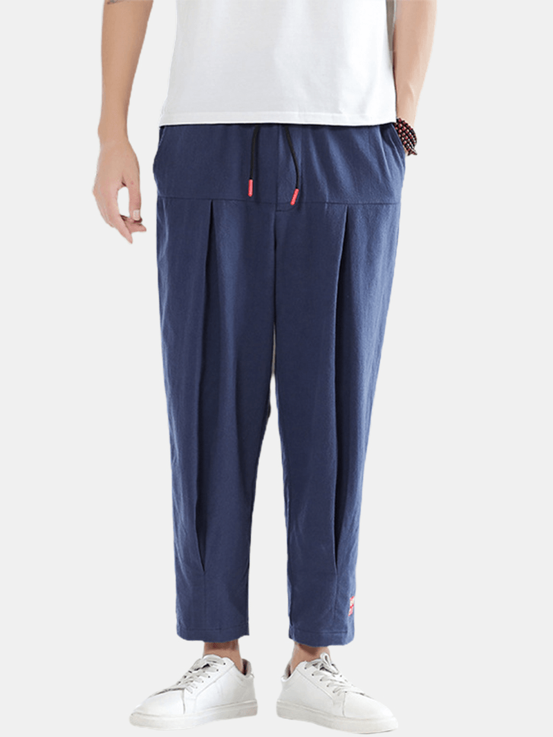 Mens Linen Chinese Style Pleated Pocket Drawstring Pants - MRSLM