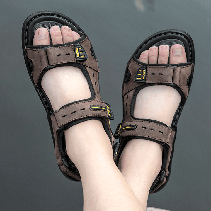 Men Cowhide Leather Breathable Non Slip Opened Beach Casual Outdoor Sandals - MRSLM
