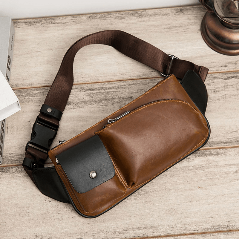Men Faux Leather Retro Business Casual Multi-Carry Waist Bag Chest Bag Sling Bag - MRSLM