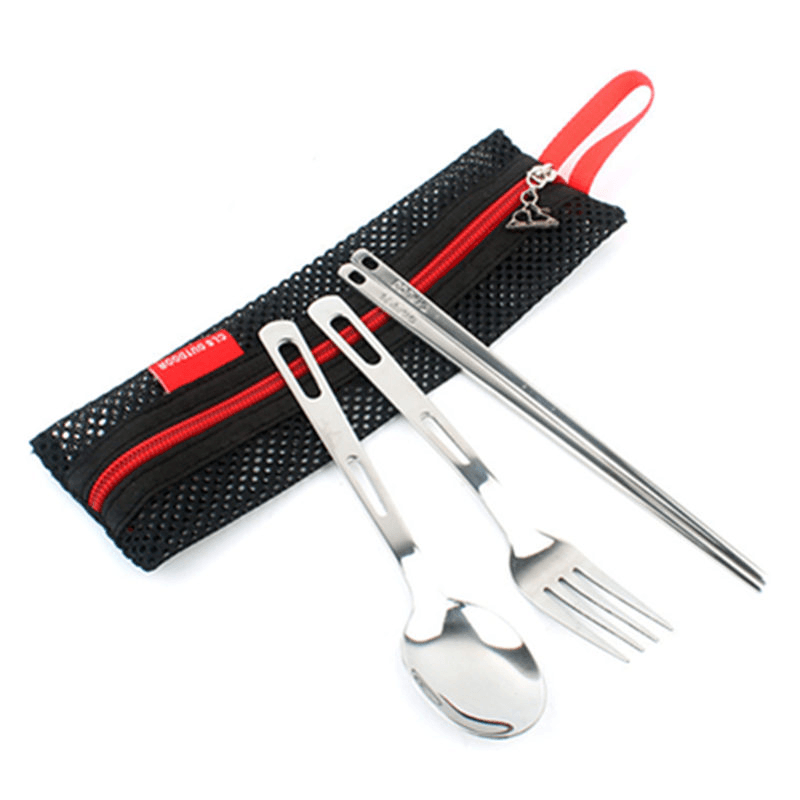 3Pcs Portable Outdoor Camping Picnic Set Stainless Steel Fork Spoon Chopsticks with Tableware Bag - MRSLM