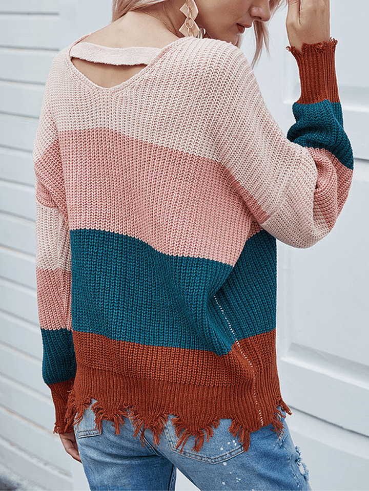 Contrast Color Stripe Print Backless Design Raw Hem Knitted Sweater - MRSLM