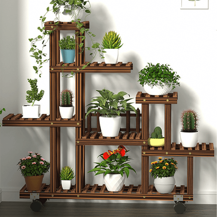 Multi-Tier Wooden Plant Flower Stand Plants Shelf Bookshelf Standing Flower Potted Windmill Plant Holder Display Outdoor Decor + Planting Tools Kit with Wheel - MRSLM