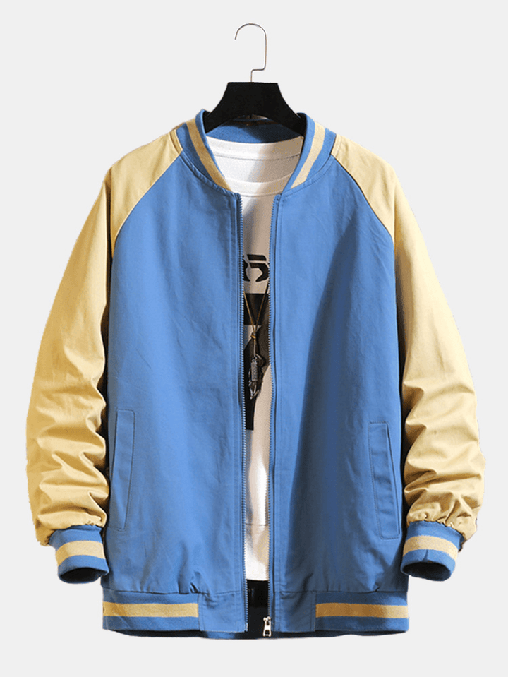 Mens Contrast Zip Front Baseball Collar Raglan Sleeve Cotton Jacket - MRSLM