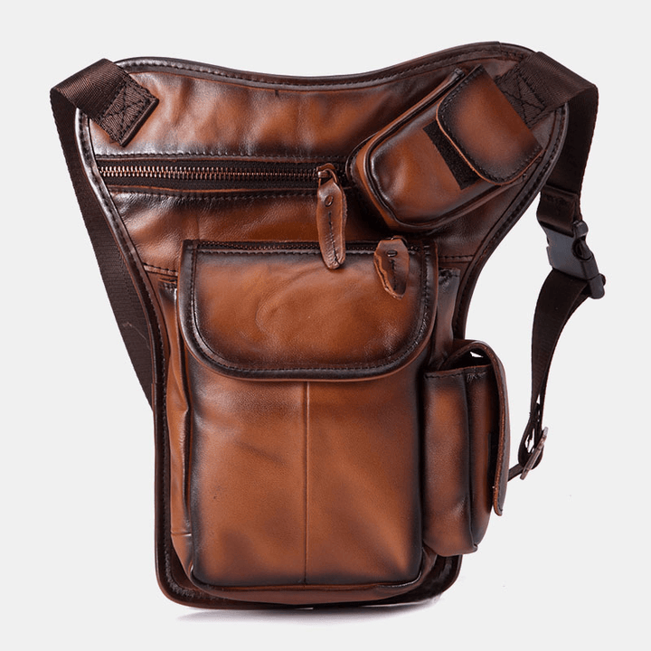 Men Genuine Leather Multi-Carry Retro 7 Inch Phone Camera Outdoor Waist Bag Crossbody Bag - MRSLM