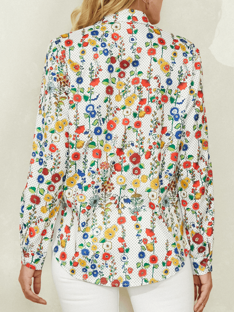 Women All over Floral Dot Print Lapel Vintage Long Sleeve Shirts - MRSLM