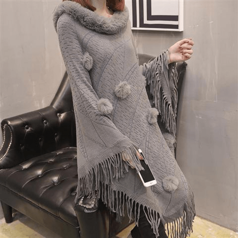 Loose Outer Wear Fur Collar Bat Shirt with Hand-Woven Tassels - MRSLM