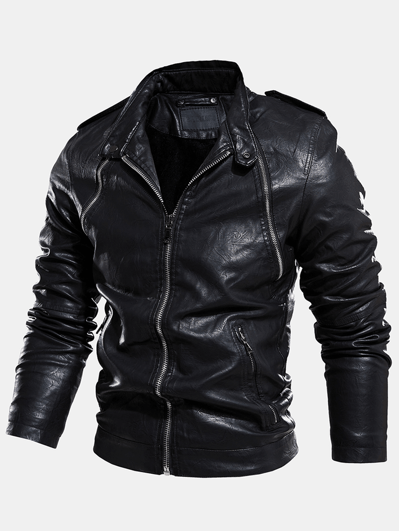 Mens Multi-Zipper Warm Lining Biker PU Leather Jacket - MRSLM