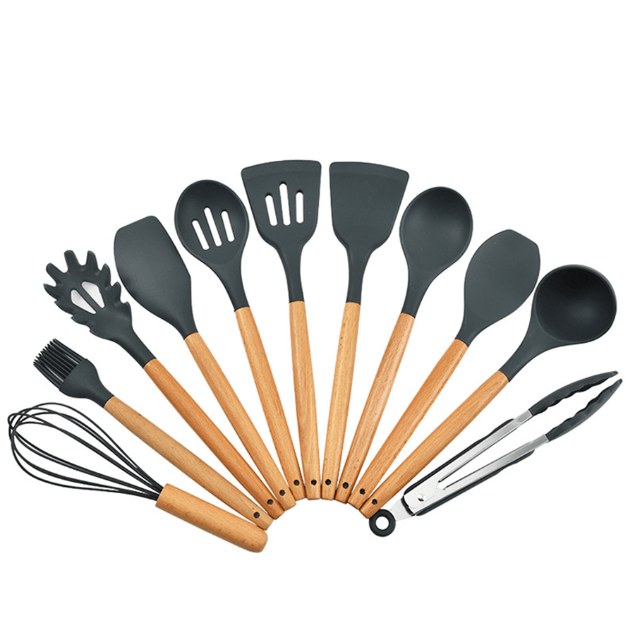 12 Pcs Tableware Set Silicone Wooden Handle Flatware Spoon Tongs Whisk Brush with Storage Box Outdoor Camping Cooking - MRSLM