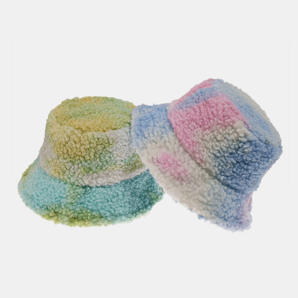 Unisex Felt Lamb Hair Tie-Dye plus Thicken Warm Windproof Soft Bucket Hat - MRSLM