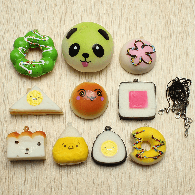 10Pcs Random Squishy Soft Sushi/Panda/Bread/Cake/Buns Phone Straps - MRSLM
