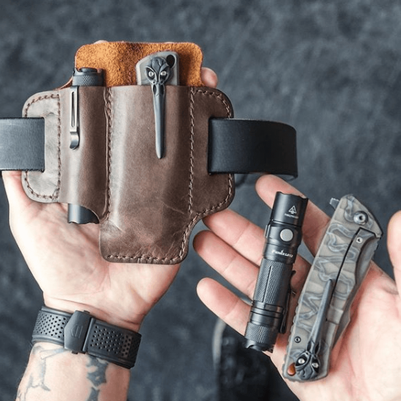 Men Genuine Leather Retro Mini Easy Carry Multitool Organizer Gear Bag Belt Bag Waist Bag with Belt Loop - MRSLM