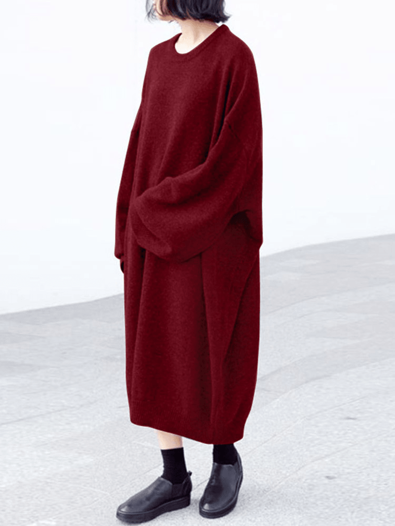 Women Solid Color Thick Sweatshirt Loose Raglan Sleeve Calf Length O-Neck Midi Dresses - MRSLM