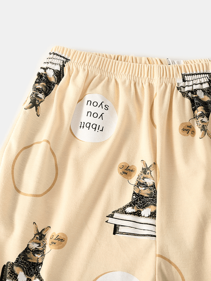 Women Cartoon Animal Print Long Sleeve Pullover Elastic Waist Letter Pants Home Pajama Set - MRSLM
