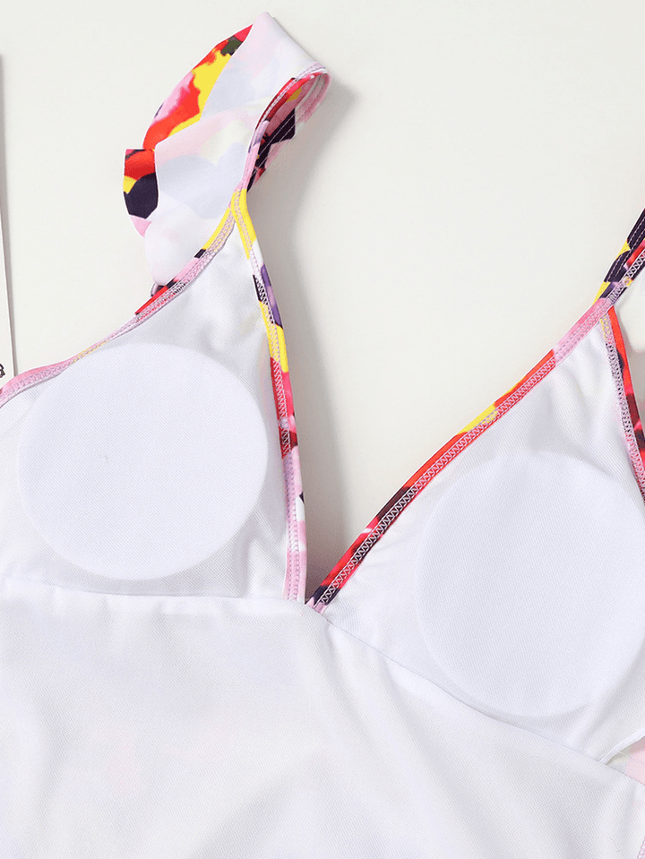 Women Floral Print Ruffle Strap Criss-Cross Breathable One Piece Swimwear - MRSLM