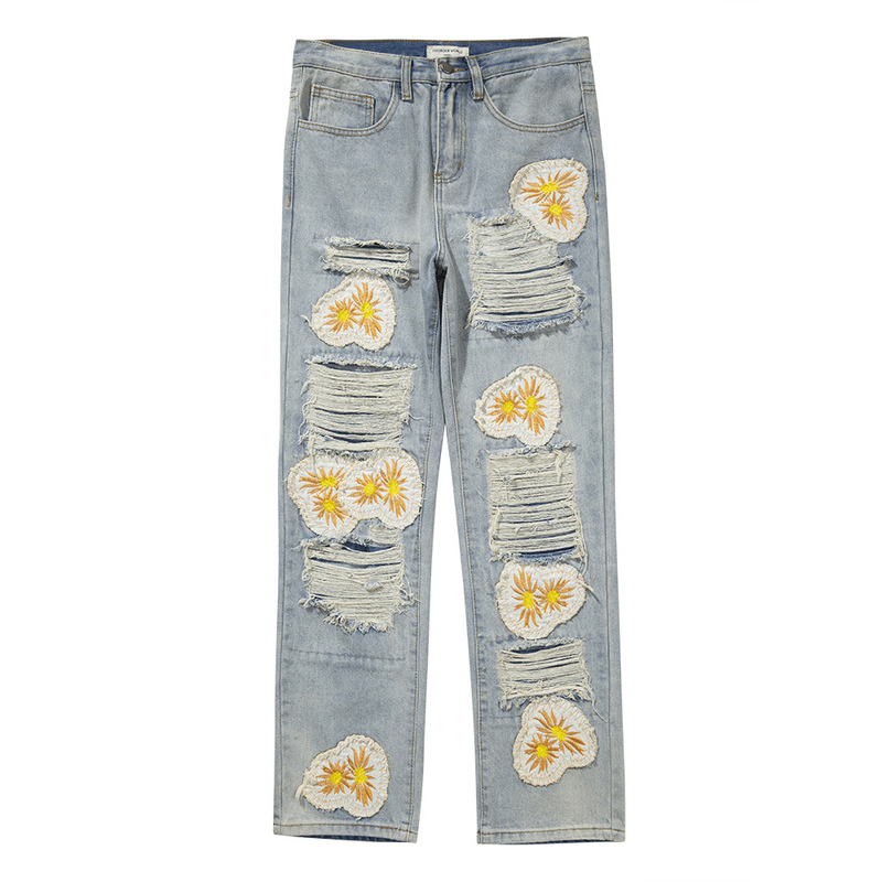 High Street Heavy Hole Daisy Patch Embroidered Jeans - MRSLM